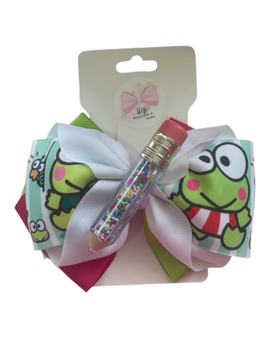 Large Keroppi bow for girls with  Keroppi hair accessory with a fun pencil center  Keroppi children's back-to-school bow  Handmade Keroppi bow  Keroppi-themed school bow 
7. Ker